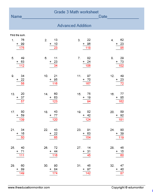 Third Grade Addition Math Worksheet - EduMonitor