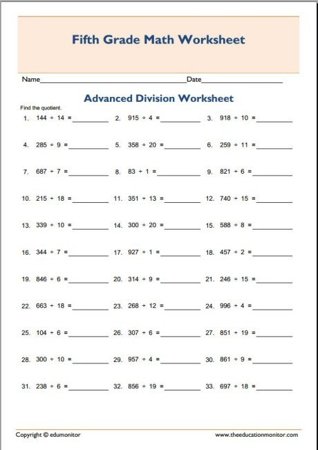 5th Grade Division Problems - EduMonitor