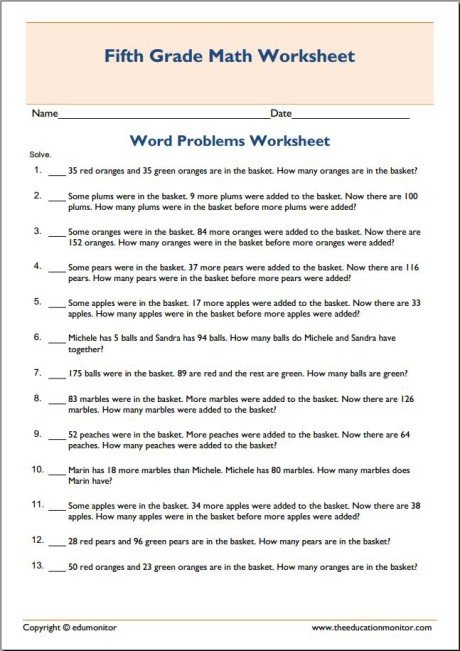 Fifth Grade Math Addition Word Worksheet - EduMonitor | Science, Math ...