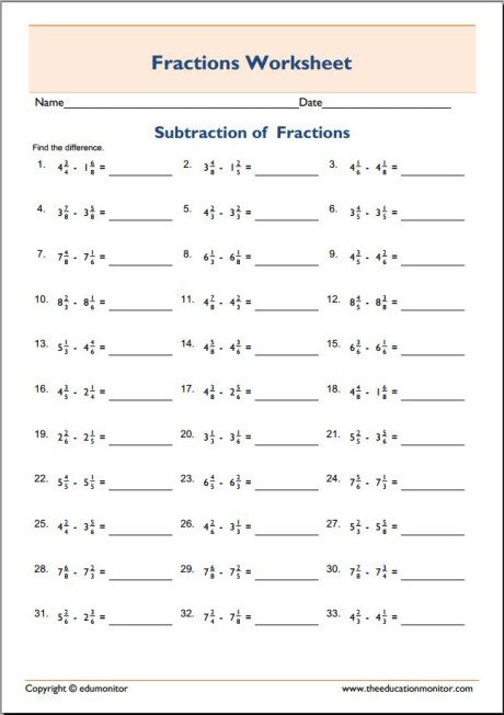 Fractions Subtraction Worksheet - EduMonitor