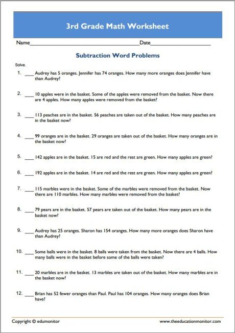 Grade 3 Printable Math Worksheets - EduMonitor | Science, Math ...