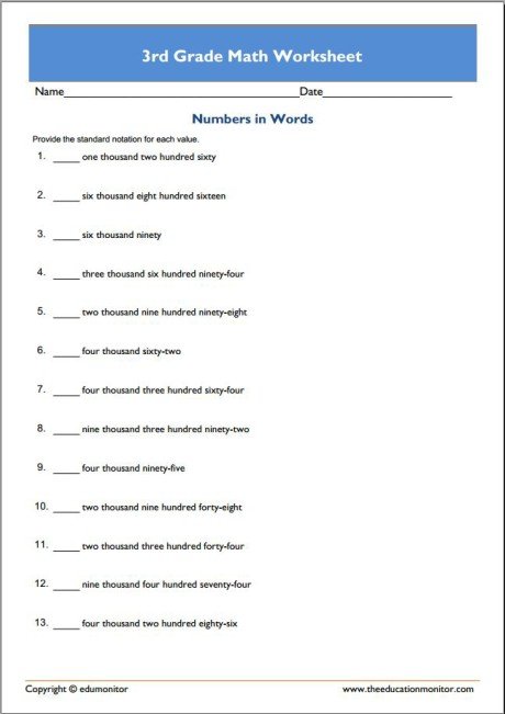 Printable 3rd Grade Math Worksheets - EduMonitor | Science, Math ...