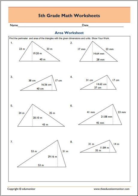 Free 5th Grade Math Worksheets pdf - Area and Perimeter - EduMonitor ...