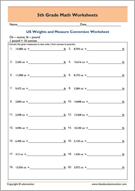 Measuring Weights 5th Grade Printable Worksheets - EduMonitor | Science ...