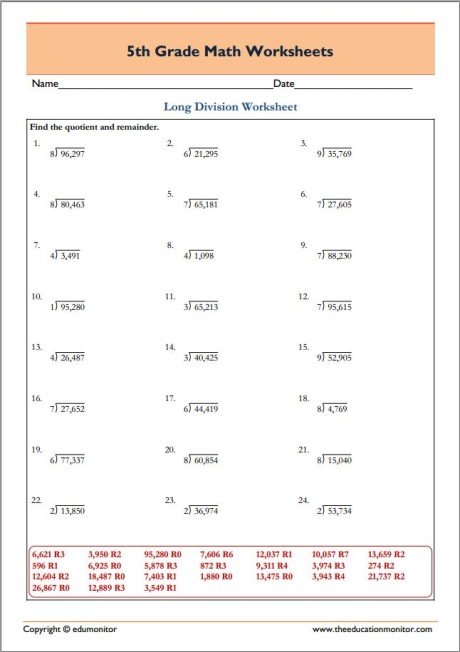 5th Grade Math Division Worksheets - Long Division - EduMonitor