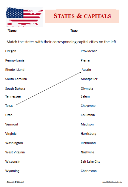 States And Capitals Matching Worksheets - Edumonitor