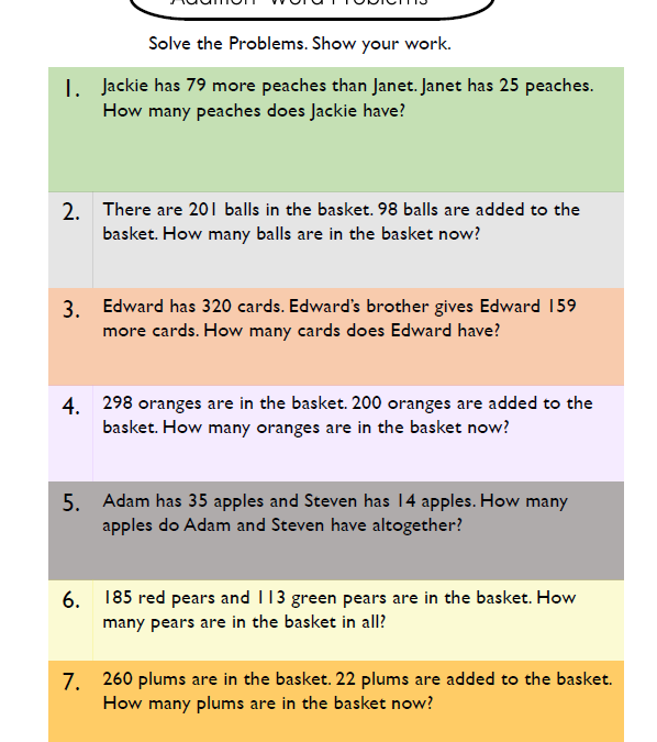 Addition Word Problems 3rd Grade Worksheets
