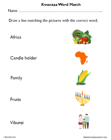 Grade 1 Kwanzaa Holiday Word Match Worksheet