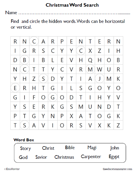 Christmas Christian Holiday Word Search Puzzle Worksheet
