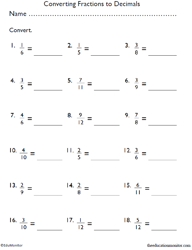 4th-Grade Converting Fractions to Decimals Worksheet - EduMonitor