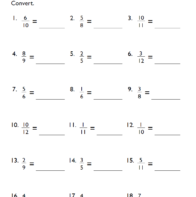 Fractions to Decimals Worksheet for 4th Grade