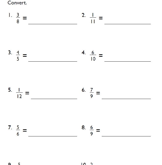 Downloadable Converting Fractions to Decimals Worksheets