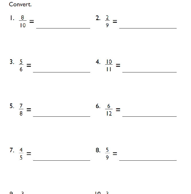 Fractions to Decimals Grade 4 Math Worksheet