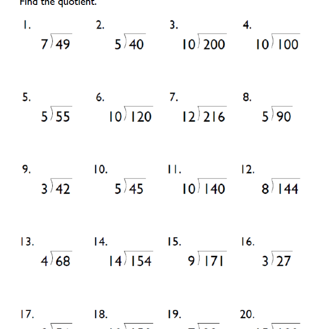Fourth Grade Division Math Printable Worksheet