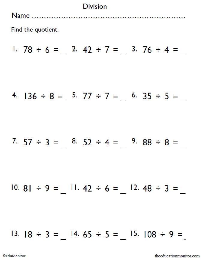 Fourth Grade Division Math Worksheet - EduMonitor