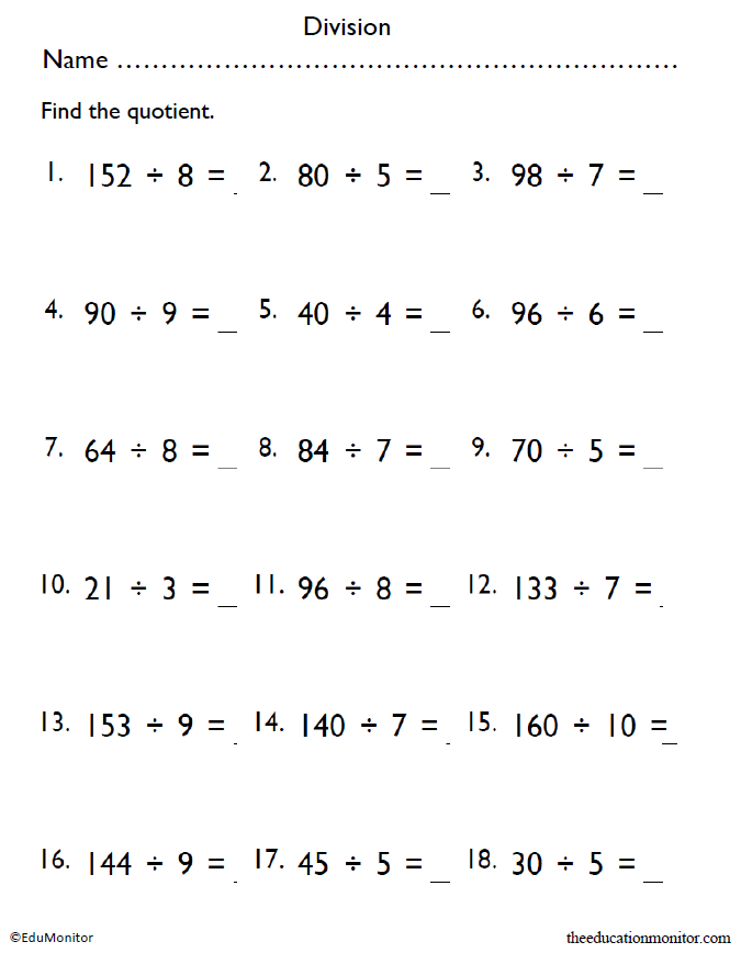 4th Grade Division Worksheet - EduMonitor