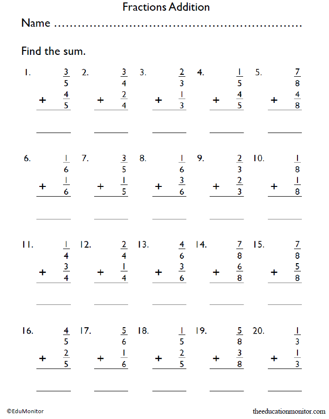 Fractions Addition Worksheets