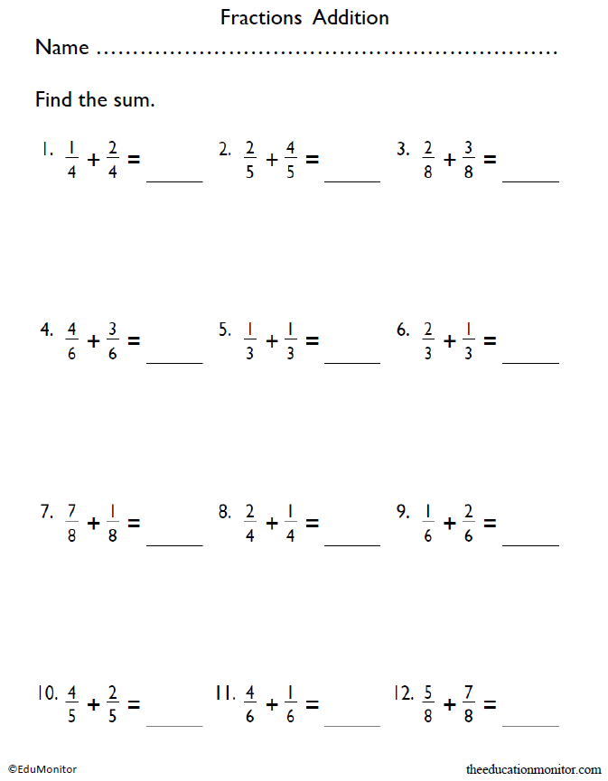 fractions addition worksheets