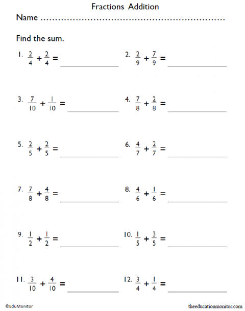 Fourth Grade Fractions Addition Worksheet - EduMonitor