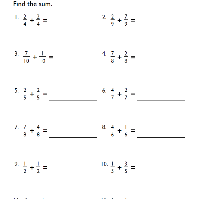 Fourth Grade Fractions Addition Worksheet