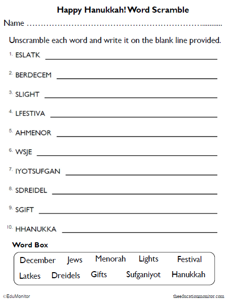 4th Grade Hanukkah Word Scramble Worksheets