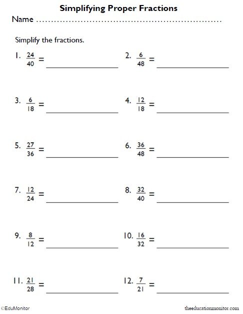 4th Grade Simplifying Proper Fractions Worksheet - EduMonitor