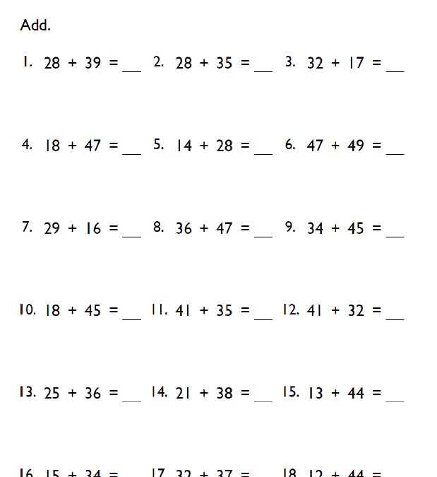 Fourth Grade 2-Digit Addition Worksheets