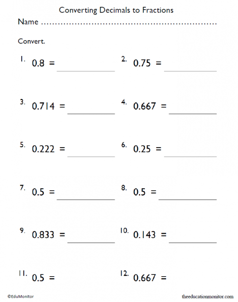 4th Grade Converting Decimals to Fractions Math Worksheet - EduMonitor ...