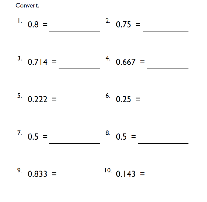 4th Grade Converting Decimals to Fractions Math Worksheet