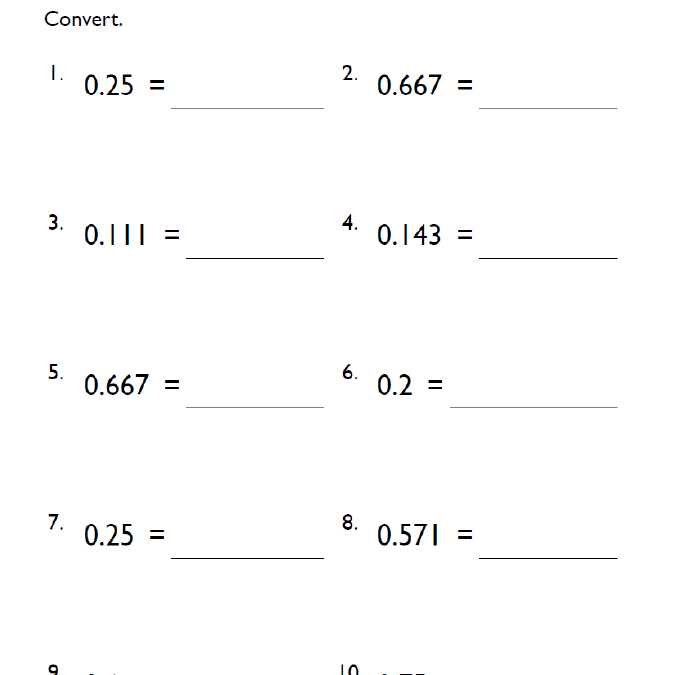 Fifth Grade Converting Decimals to Fractions Math Worksheets
