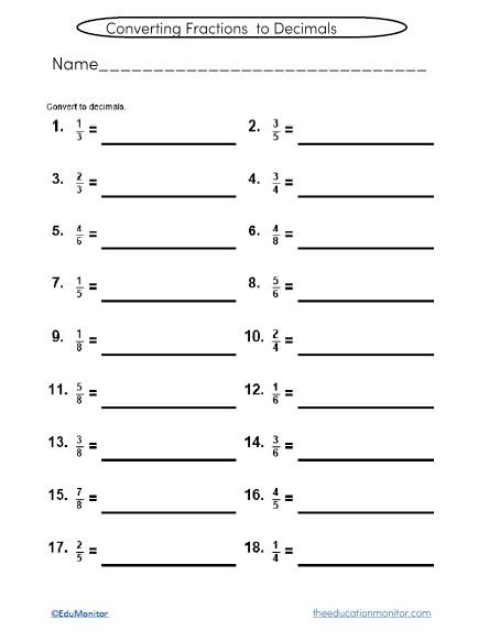 Converting Fractions to Decimals Worksheets - EduMonitor