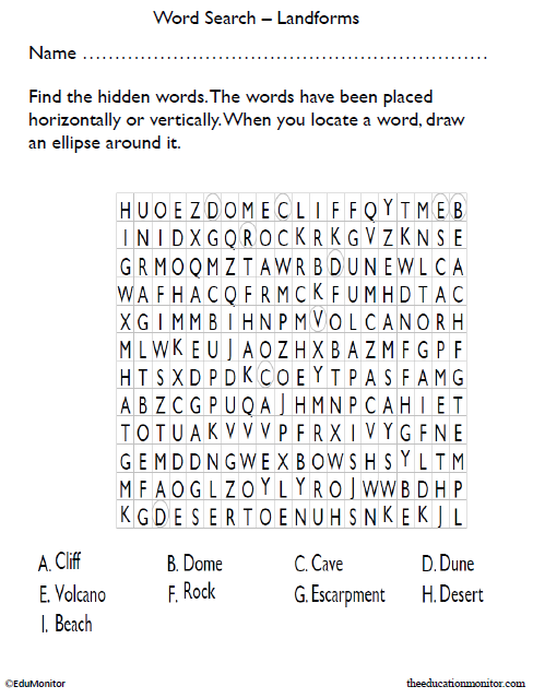 Landforms Word Search Worksheet for 5th Grade