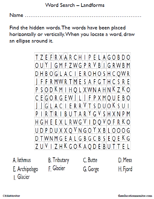 Landforms Word Search Worksheet for Kids