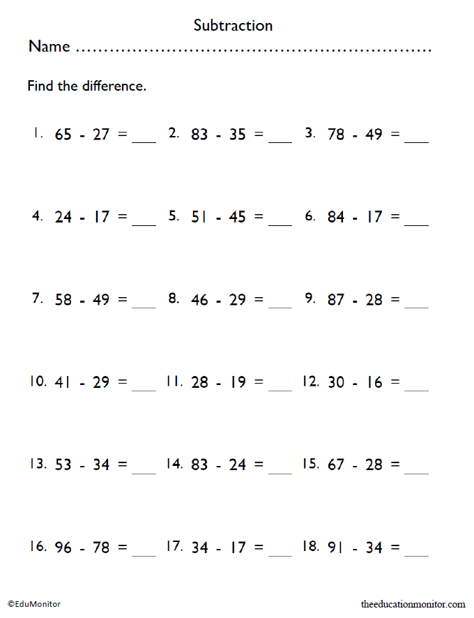 Fifth Grade Subtraction Math Worksheets