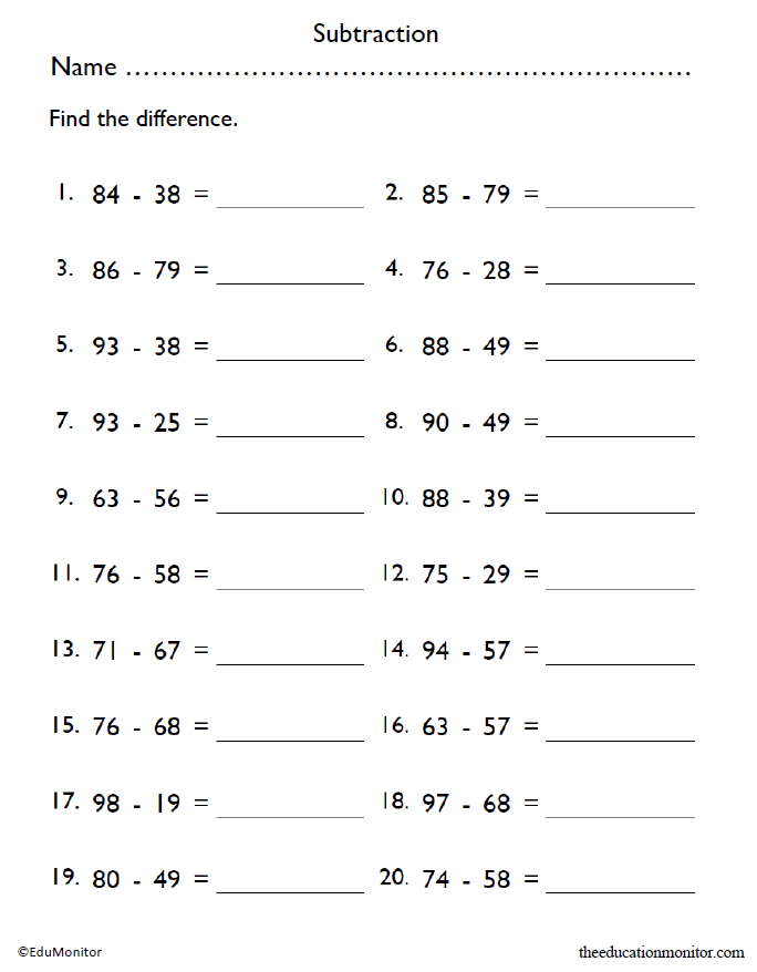 Fifth Grade Subtraction Worksheet - EduMonitor