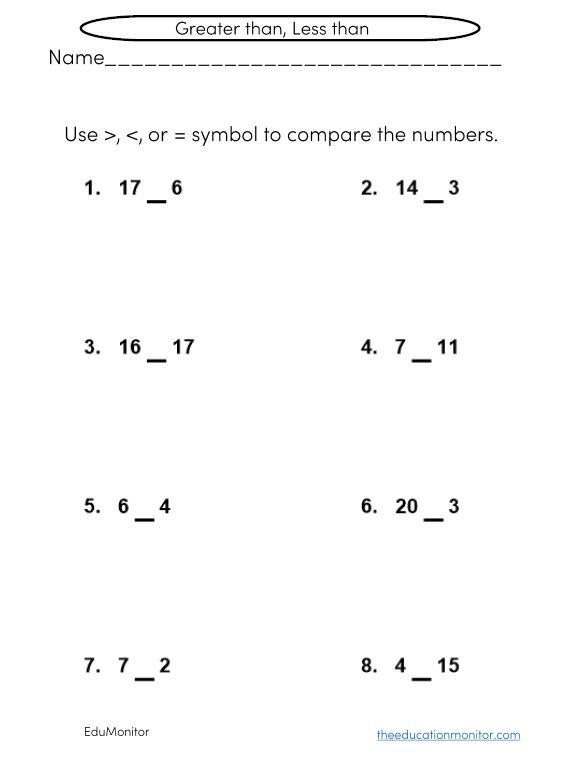 Greater Than Less Than Worksheets