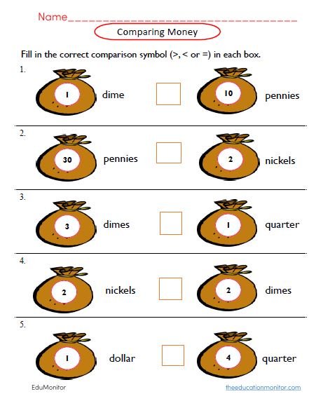 Money Greater than less than worksheets grade 1