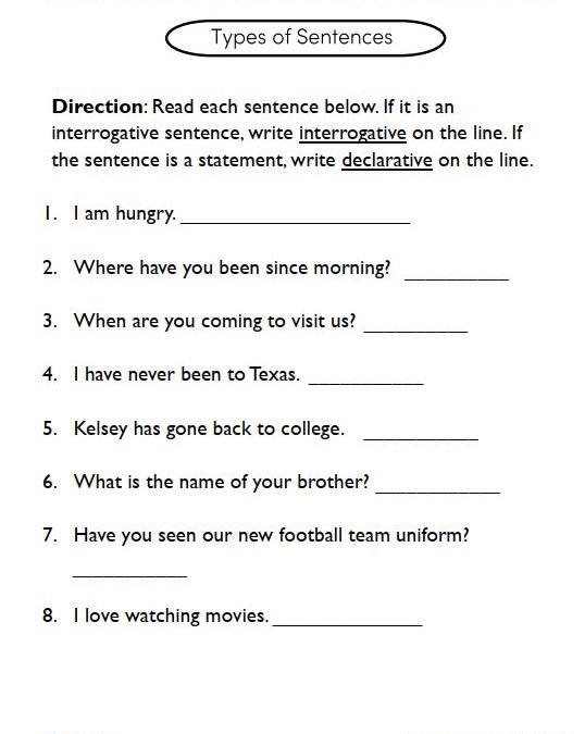 Types of Sentences Worksheets for Kids