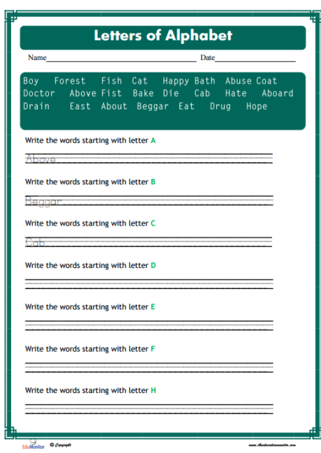 Letters of the Alphabet -Writing Words starting with letter Letters of Alphabet
