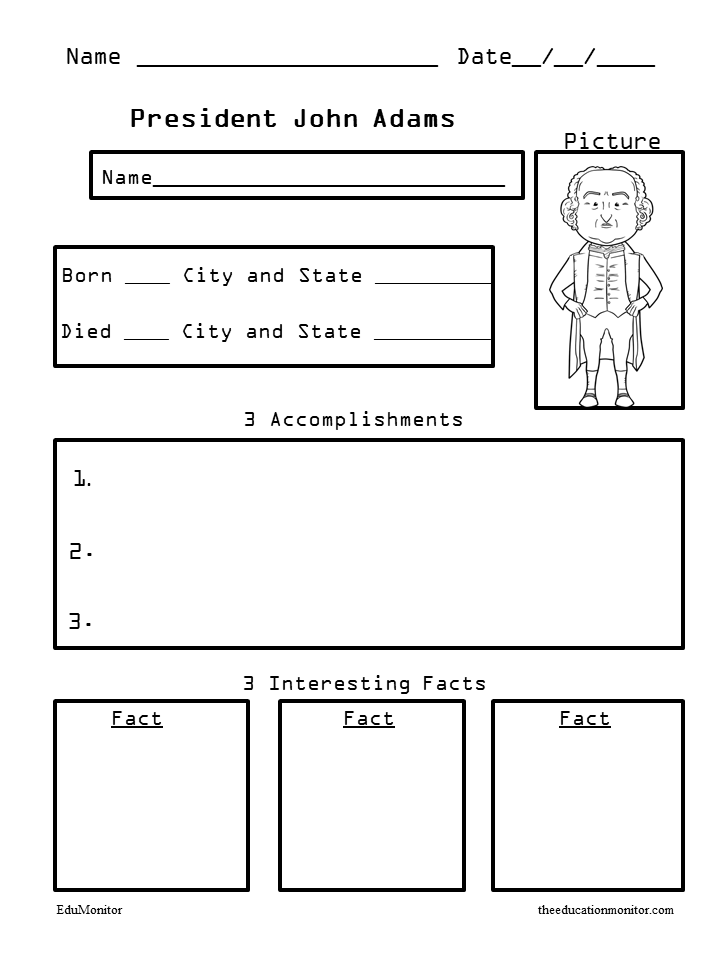 President John Adams biography worksheets