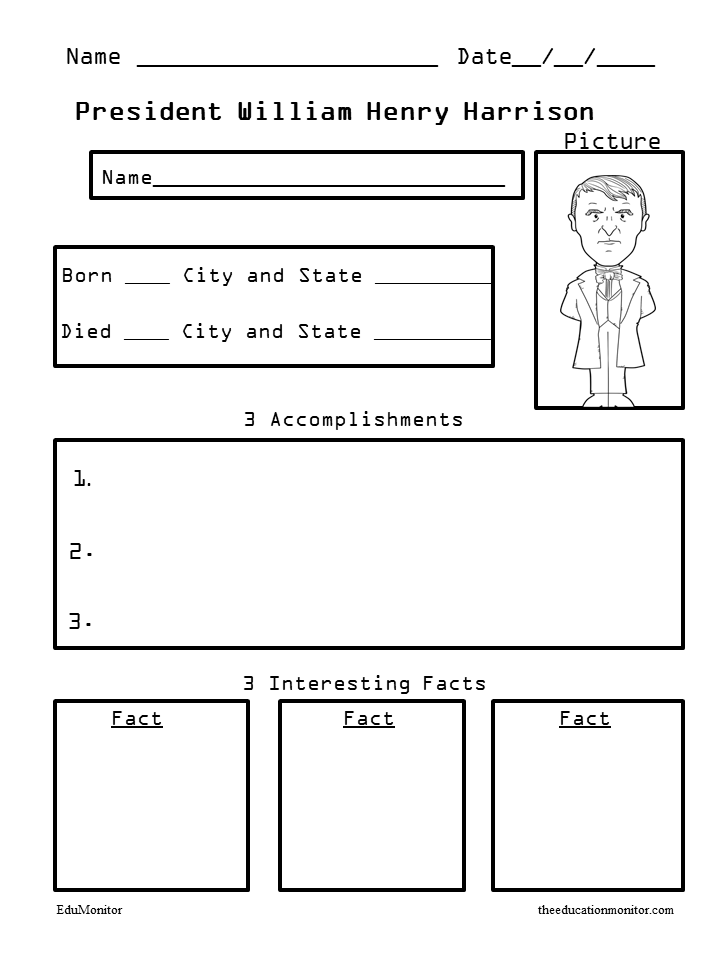 President William Henry Harrison Biography Worksheets
