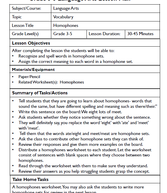 Homophones Lesson Plan for Teachers