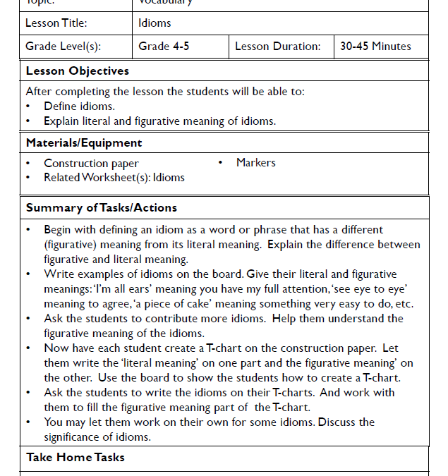 Language Arts Idioms Lesson Plans