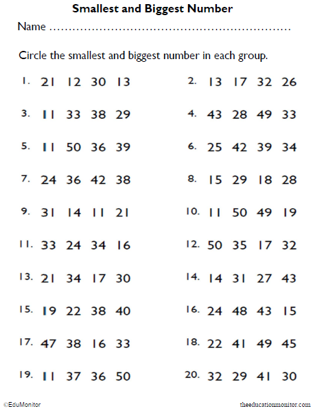 Smallest and Biggest Numbers Math Worksheets