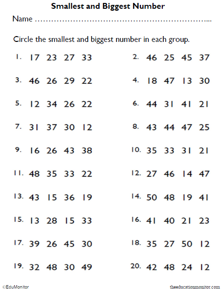 Circle the Smallest and Biggest Numbers Math Worksheet