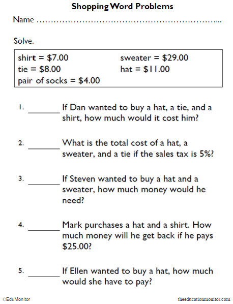 Money Word Problems Math Worksheets