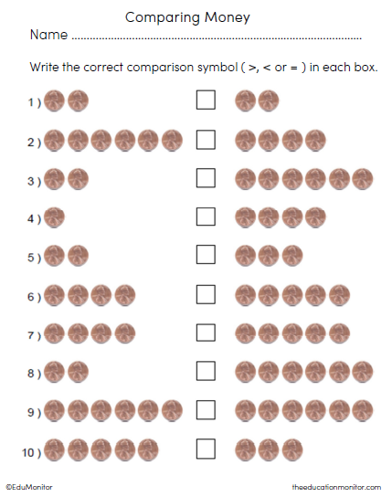 Counting and Comparing Coins Math Worksheets