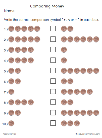 Comparing Money Math Worksheets