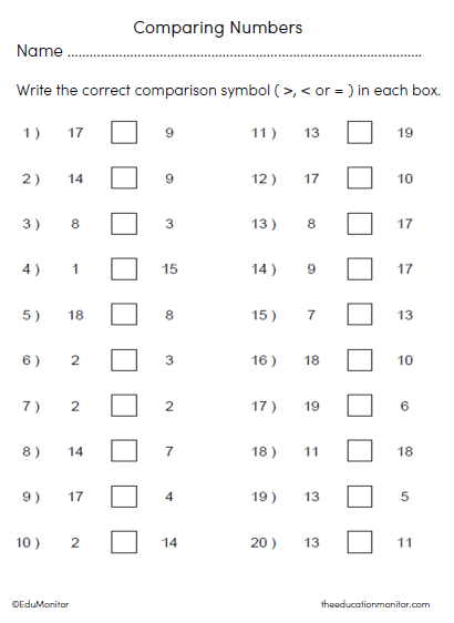 Math Comparing Numbers Worksheets
