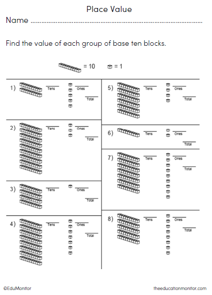 Place Value Blocks Worksheets Up to Tens